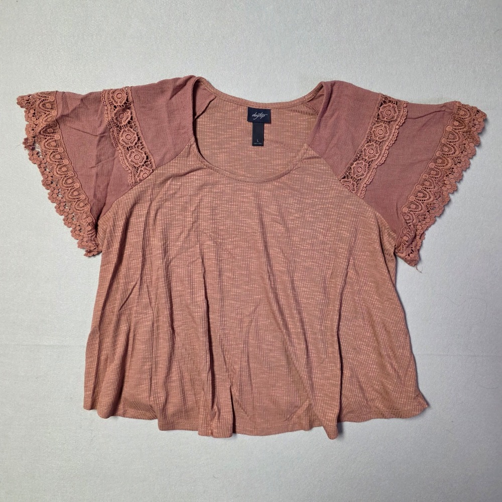 Daytrip Buckle Top Womens Large Mauve Brown Crochet Lace Flutter Sleeve Boho